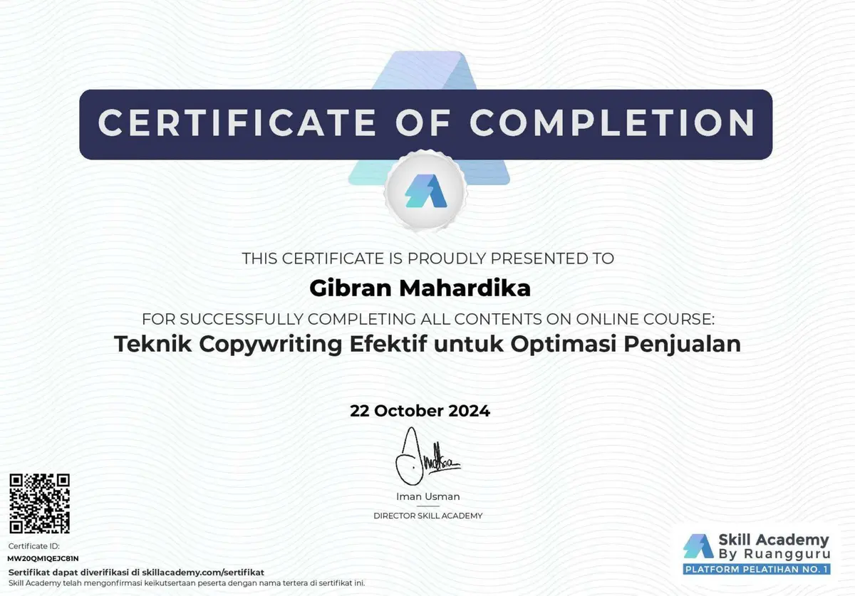 Effective Copywriting Techniques for Sales Optimisation certificate issued by Skill Academy