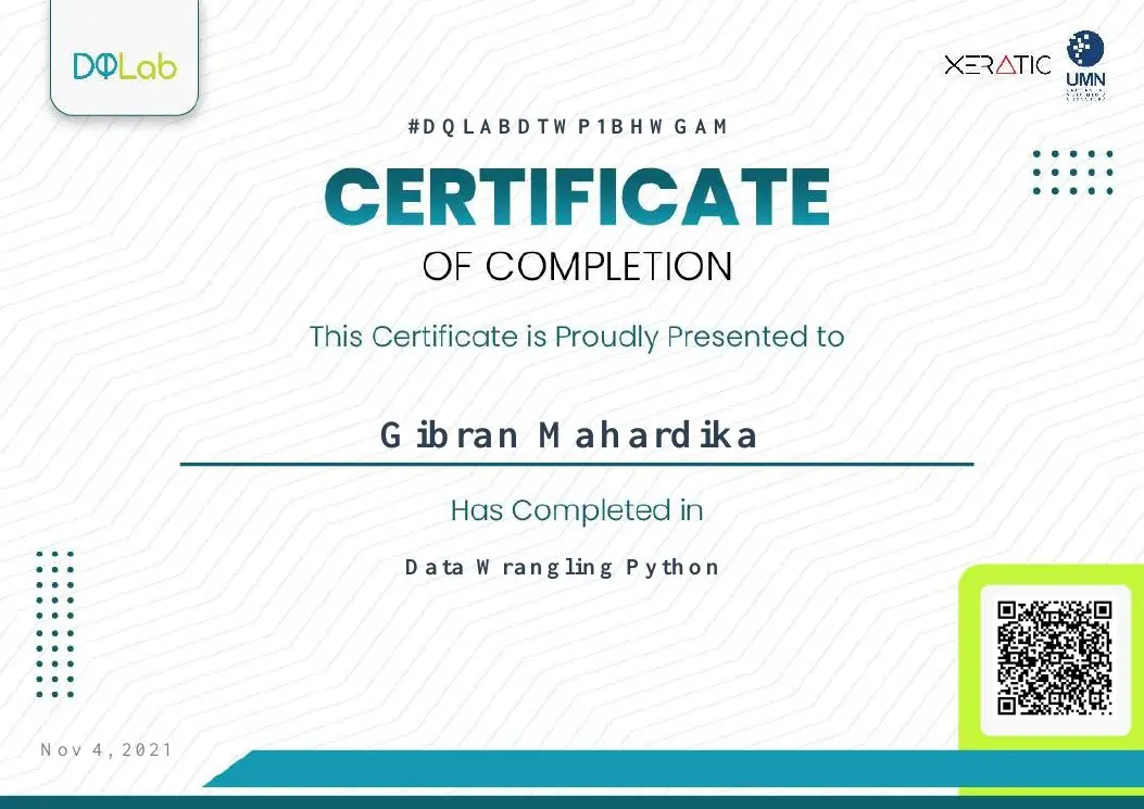 Data Wrangling Python certificate issued by DQLab