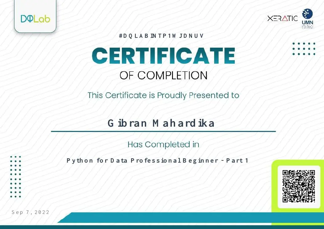 Python for Data Professional Beginner Part 1 certificate issued by DQLab