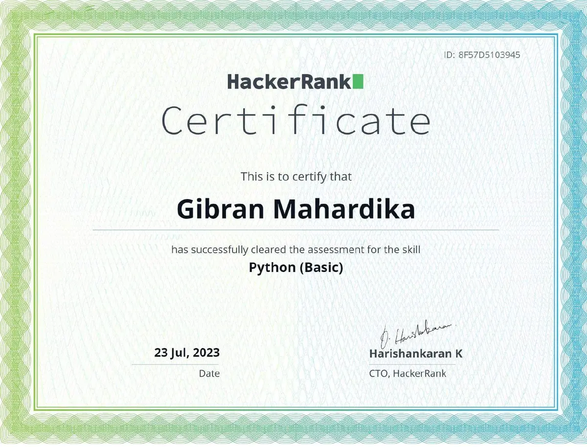 Python Basic certificate issued by HackerRank