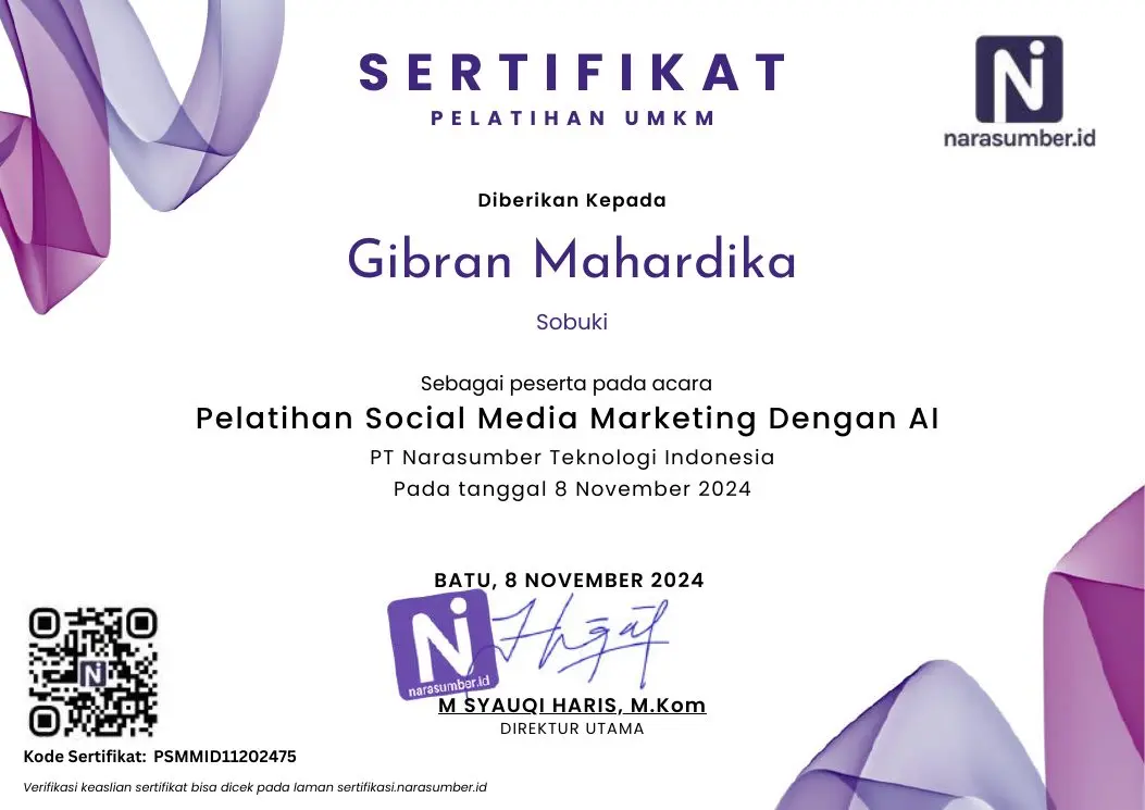 Social Media Marketing with AI certificate issued by Narasumber.id