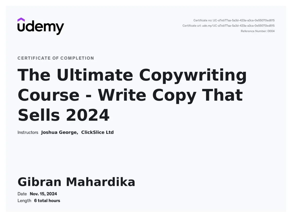 The Ultimate Copywriting Course certificate issued by Udemy