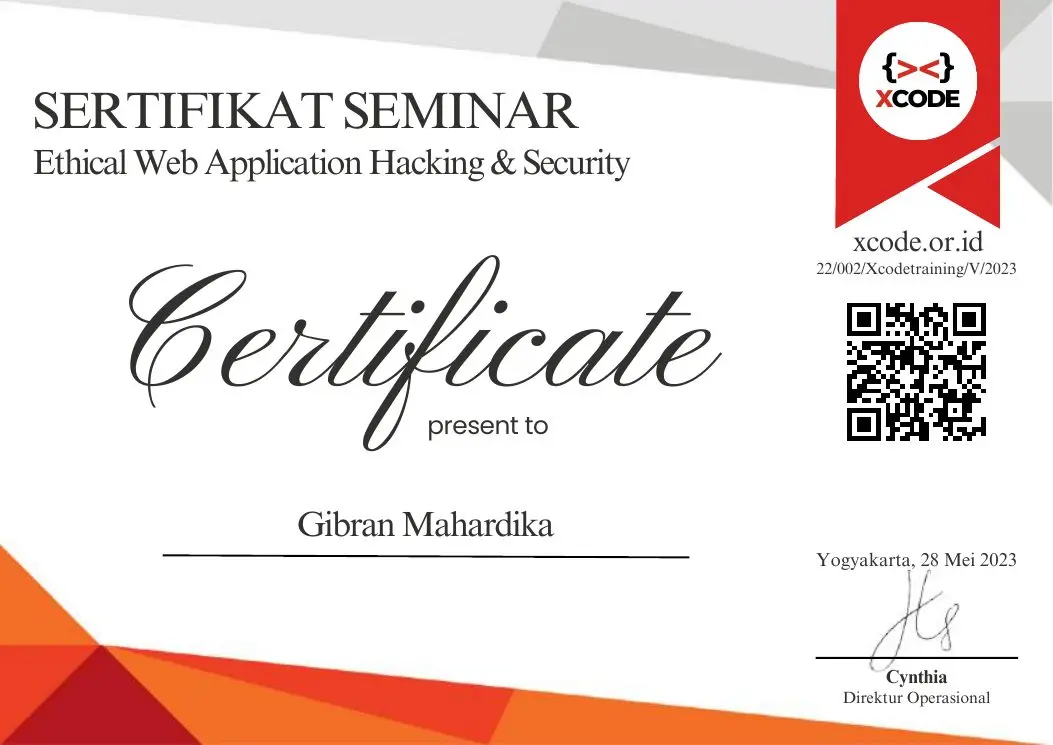 Ethical Web Application Hacking and Security seminar certificate