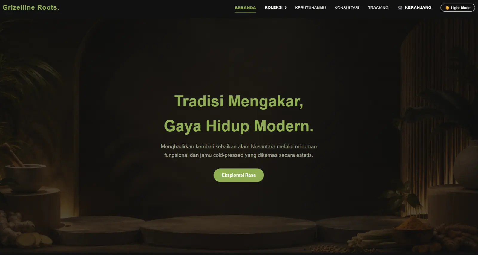 Grizelline Roots homepage in dark mode